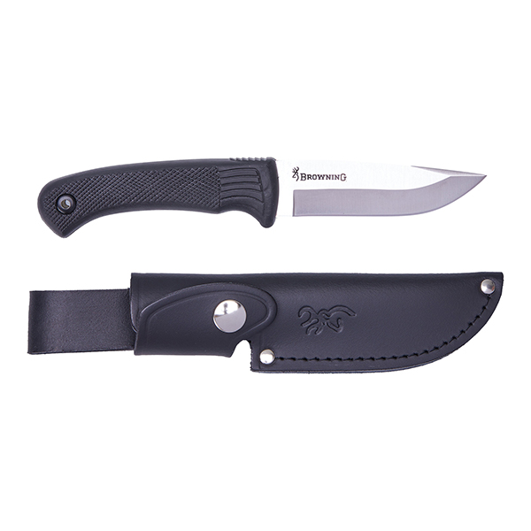 COUTEAU PRO HUNTER FIXE CAOUTCHOUC NOIR FOURREAU CUIR