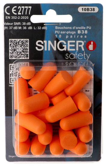Bouchons d'oreille en polyuréthane orange – SNR 38 dB – Blister de 10 paires