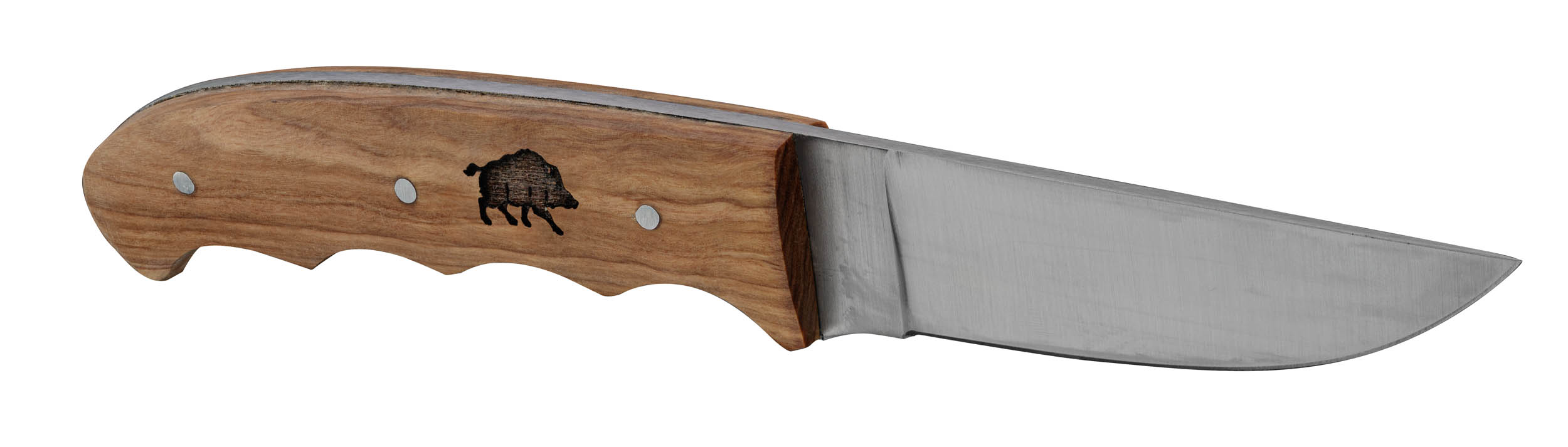 Couteau manche platane avec gravure sanglier et fourreau en cuir