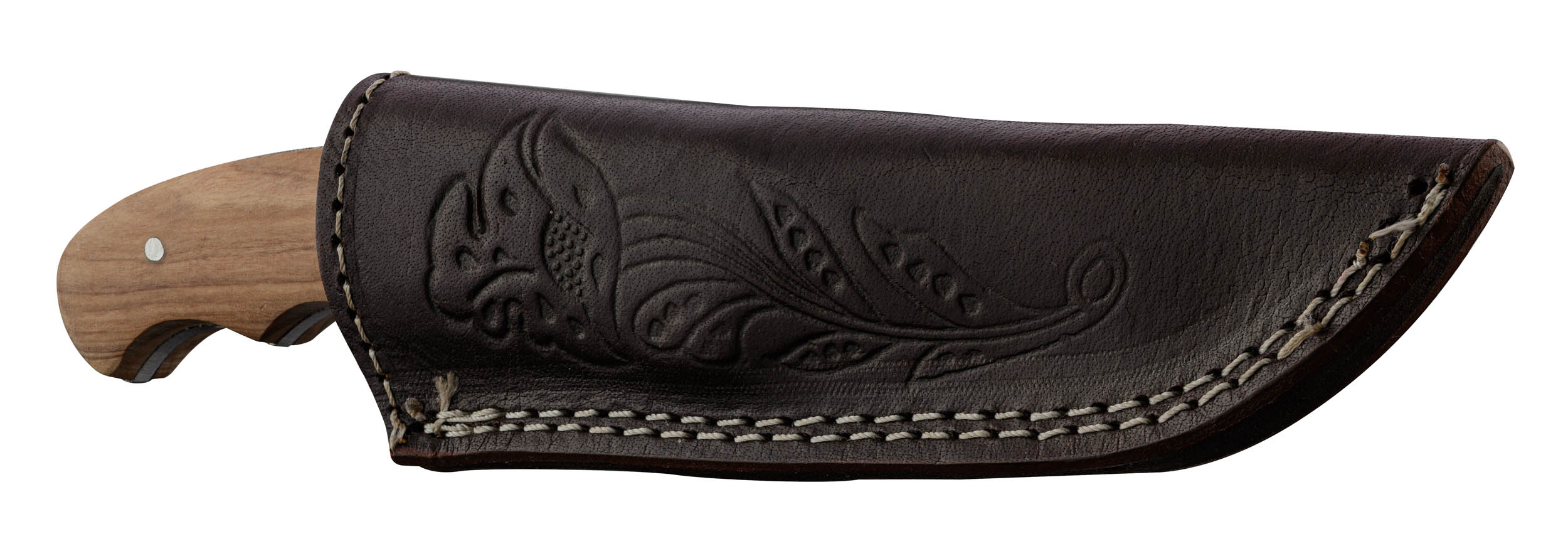 Couteau manche platane avec gravure sanglier et fourreau en cuir – Image 3